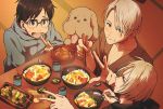  3boys animal black_hair blue-framed_eyewear blue_eyes blue_jacket blush bowl brown_eyes chopsticks dog dog_food embarrassed eyebrows_visible_through_hair fingernails food food_on_face from_above glasses grey_hair holding holding_spoon hood hood_down hooded_jacket indoors jacket katsudon_(food) katsuki_yuuri looking_at_viewer makkachin male_focus multiple_boys open_mouth profile rice rice_on_face shaded_face short_hair spoon steam sweatdrop table upper_teeth v viktor_nikiforov yuri!!!_on_ice yuri_plisetsky 