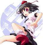  bad_id bad_pixiv_id black_hair blush bobby_socks breasts geta hat looking_at_viewer medium_breasts open_mouth ozaki_(ko-zaki) puffy_sleeves red_eyes shameimaru_aya short_hair skirt socks solo tengu-geta tokin_hat touhou white_legwear 