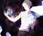 1boy black_pants cape earth eyes_closed glowing grey_hair ink_(303682546) light_smile long_sleeves male_focus outstretched_arms pants planet shirt short_hair sky smile star_(sky) starry_sky upper_body viktor_nikiforov white_shirt yuri!!!_on_ice 