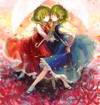  alternate_color ascot demo_(takakong) dual_persona field flower flower_field green_hair highres holding_hands kazami_yuuka long_sleeves looking_at_viewer mary_janes multiple_girls parasol petals red_eyes shirt shoes skirt skirt_set spider_lily touhou umbrella vest 