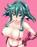  armor barbara_(disgaea) bikini breasts disgaea disgaea_d2 gauntlets green_hair hairband hand_on_hip konno_tohiro large_breasts long_hair micro_bikini pink_background pink_eyes pointy_ears simple_background solo swimsuit 