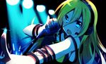  blonde_hair blue_eyes bracelet fujishiro_emyu headphones jewelry lily_(vocaloid) long_hair microphone_stand open_mouth solo tattoo vocaloid 