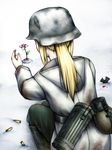  blonde_hair blood bloody_clothes bloody_hands cartridge commentary death flower grave helmet hood hood_down iron_cross military military_uniform original ponytail sad snow soldier solo stahlhelm uniform war winter winter_clothes winter_uniform world_war_ii yua 
