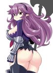  armor ass axe breasts disgaea disgaea_d2 heavy_knight_(disgaea) konno_tohiro large_breasts long_hair looking_at_viewer purple_hair red_eyes simple_background solo weapon white_background 
