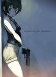  :o black_hair cocked_hammer copyright_name ein_(phantom) fingerless_gloves gloves gun handgun heckler_&amp;_koch highres looking_at_viewer mk_23_pistol namaniku_atk phantom_of_inferno pistol short_hair shorts solo trigger_discipline weapon 