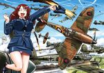  aerial_battle aircraft airplane battle breasts cloud condensation_trail day hat he_111 historical_event large_breasts luftwaffe mc_axis military panties parachute royal_air_force sao_satoru solo spitfire_(airplane) underwear uniform world_war_ii 