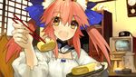  animal_ears blush bow chopsticks fang fate/extra fate/extra_ccc fate_(series) feeding food fox_ears fox_tail game_cg good_end hair_bow hair_ribbon happy housewife kappougi looking_at_viewer lowres open_mouth pink_hair pov_feeding ribbon smile solo spoilers tail tamamo_(fate)_(all) tamamo_no_mae_(fate) television twintails wada_aruko yellow_eyes 