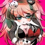  :t aqua_eyes bad_id bad_pixiv_id blonde_hair blush bow breast_rest breasts breasts_on_head cleavage danganronpa danganronpa_1 enoshima_junko frown hair_ornament highres large_breasts marioringo monokuma sleeves_rolled_up spoilers sweat 