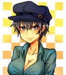  blue_eyes blue_hair breasts cabbie_hat cleavage collarbone dress_shirt hat kataro large_breasts light_smile lowres open_clothes open_shirt persona persona_4 shirogane_naoto shirt short_hair smile solo upper_body 