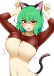  animal_ears arms_up blush breasts cat_ears cat_tail fake_animal_ears fake_tail green_hair highres kazami_yuuka large_breasts mattari_yufi navel open_mouth paw_pose red_eyes short_hair simple_background smile solo tail touhou translated underboob white_background 