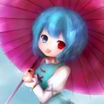  amanojaku bad_id bad_pixiv_id blue_eyes blue_hair bow heterochromia highres juliet_sleeves karakasa_obake long_sleeves puffy_sleeves red_eyes short_hair smile solo tatara_kogasa tongue tongue_out touhou umbrella 