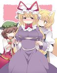  :d animal_ears blonde_hair blush bow breasts brown_hair bust_measuring cat_ears cat_tail chen commentary elbow_gloves fang fox_ears fox_tail gloves hammer_(sunset_beach) hat large_breasts measuring multiple_girls multiple_tails open_mouth purple_eyes smile tail tape_measure touhou white_gloves yakumo_ran yakumo_yukari yellow_eyes 