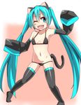 animal_ears aqua_eyes aqua_hair bad_id bad_pixiv_id bikini cat_ears cat_tail detached_sleeves hatsune_miku jaku_denpa long_hair navel one_eye_closed open_mouth simple_background sleeves_past_wrists solo swimsuit tail thighhighs twintails very_long_hair vocaloid younger 