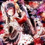  black_hair card celestia_ludenberck curly_hair danganronpa danganronpa_1 drill_hair gothic_lolita hair_ribbon hisate lolita_fashion playing_card red_eyes ribbon solo twin_drills twintails 