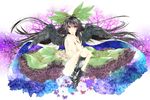  absurdres black_hair blush bow cape hair_bow highres long_hair looking_at_viewer multicolored multicolored_eyes nanami_(nanami811) red_eyes reiuji_utsuho shoes single_shoe skirt smile solo third_eye topless torn_clothes touhou tree very_long_hair wings 