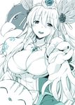  aqua bird blush breasts cat cleavage foreshortening freyja_(p&amp;d) gem hair_ornament hairband jewelry large_breasts leaf monochrome mushi024 necklace outstretched_hand puzzle_&amp;_dragons smile solo 