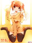  black_legwear brown_eyes brown_hair dr_rex dress dress_slip hair_ribbon looking_at_viewer original ribbon sitting smile solo sweater sweater_dress thighhighs twintails wariza zettai_ryouiki 