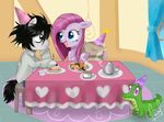  alligator black_hair blue_eyes cake clothing death_note doughnut equine female friendship_is_magic grey_eyes gummy_(mlp) hair horse l madame_le_floure_(mlp) male my_little_pony pants party_hat pink_hair pinkamena_(mlp) pinkie_pie_(mlp) ponification pony reptile scalie shirt sugar table tea teapot zorbitas 