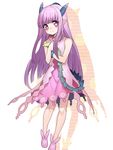  bangs blunt_bangs blush dress erubo flat_chest hands_on_own_chest horns long_hair looking_at_viewer milreaf pink_eyes pointy_ears purple_hair simple_background smile solo summon_night summon_night_4 tail white_background 