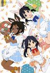  :d absurdres animal_ears anklet apron black_hair blue_eyes bracelet brown_eyes bunny_ears choi_mochimazzui choker dark_skin food frills highres horiguchi_yukiko ice_cream jewelry kitashirakawa_anko kitashirakawa_tamako long_hair lying megami mochi mole mole_on_neck multiple_girls non-web_source official_art on_back on_side one_side_up open_mouth pink_eyes shoes short_hair smile spoon spoon_in_mouth striped tamako_market thighhighs tray twintails vertical_stripes wagashi waitress white_legwear zettai_ryouiki 