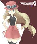  bare_shoulders blue_eyes brown_hair goggles hat long_hair poke_ball pokemon pokemon_(game) pokemon_xy serena_(pokemon) skirt solo souji thighhighs 