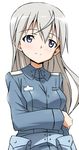  arm_grab blush breasts eila_ilmatar_juutilainen highres long_hair long_sleeves medium_breasts military military_uniform purple_eyes silver_hair smile solo strike_witches tokiani uniform world_witches_series 