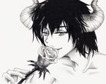  black_hair demon evil flower hawthorn hawthorn_(mirage_noir) horns host male male_focus mirage_noir monochrome rose short_hair smile smirk 
