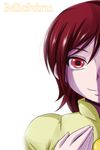  character_name futari_wa_precure_splash_star highres kiryuu_michiru nishi_koutarou out_of_frame precure red_eyes red_hair short_hair simple_background smile solo white_background 