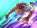  action_pose anthro aotsuki091 biceps big_muscles black_fur body_markings claws colorful fangs feline fur green_eyes grey_fur hair magic male mammal markings muscles nude open_mouth orange_fur pecs pose red_hair sky_(artist) solo stripes teeth tiger toe_claws toned tongue topless white_fur 