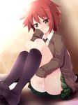  black_legwear blush boku_wa_tomodachi_ga_sukunai brown_eyes cardigan clothed_masturbation highres kneehighs komone_ushio long_legs masturbation masturbation_through_clothing necktie panties plaid plaid_skirt red_hair saliva school_uniform short_hair sitting skirt solo st._chronica_academy_uniform tears underwear white_panties yusa_aoi 