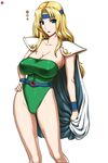  aqua_eyes blonde_hair breasts cape celes_chere cleavage final_fantasy final_fantasy_vi green_leotard hand_on_hip headband large_breasts leotard long_hair sagging_breasts simple_background solo st.germain-sal white_background 