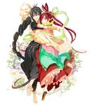  1girl anklet barefoot black_hair braid chinese_clothes flower gomas hair_ornament hair_rings hair_stick hug jewelry judal long_hair magi_the_labyrinth_of_magic midriff neck_ring red_eyes red_hair ren_kougyoku single_braid smile 