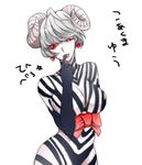  animal_print breasts catherine catherine_(cosplay) catherine_(game) cleavage cosplay earrings finger_to_mouth genderswap genderswap_(mtf) head_tilt heart heart_earrings horns jewelry large_breasts lipstick makeup morimement narukami_yuu persona persona_4 red_eyes ribbon short_hair silver_hair solo tongue tongue_out zebra_print 