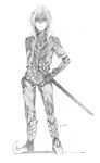 1boy armor chibi male male_focus mirage_noir monochrome sketch solo sword vesper vesper_(mirage_noir) weapon white_hair 