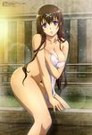  absurdres breast_hold breasts brown_hair highres hyakka_ryouran_samurai_girls legs long_hair megami non-web_source nude official_art parted_lips purple_eyes rin-sin solo tokugawa_sen towel very_long_hair white_towel 