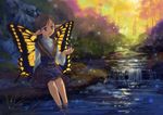  bad_id bad_pixiv_id brown_hair butterfly_wings dark_skin dress forest genshi mole mole_under_eye nature original pointy_ears purple_eyes river soaking_feet solo tree water waterfall wings 