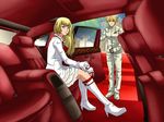  ahoge androgynous blonde_hair blue_eyes boots car car_interior dress eleonore_kliesen fingerless_gloves gloves ground_vehicle high_heels knee_boots lili_(tekken) limousine long_hair looking_at_viewer motor_vehicle multiple_girls popon_ta reverse_trap shoes short_hair smile tekken white_dress 