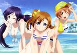  absurdres bikini blue_eyes bow breasts cleavage clothes_writing cloud day green_eyes hair_bow hat headwear_writing highres hoshizora_rin iida_eriko kousaka_honoka long_hair love_live! love_live!_school_idol_project medium_breasts multicolored multicolored_stripes multiple_girls non-web_source nyantype ocean official_art one_eye_closed one_side_up outdoors ponytail scan sky smile striped striped_bikini striped_swimsuit swimsuit toujou_nozomi very_long_hair water yellow_eyes 