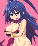  antenna_hair bikini_top blue_hair blush breasts disgaea disgaea_d2 fang fingerless_gloves gloves groin konno_tohiro laharl laharl-chan large_breasts long_hair open_mouth pink_background red_eyes scarf simple_background solo tears 