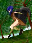  1girl background bandage blue_hair bottomless breasts cape charon charon_(mirage_noir) forest green_eyes highres magic mirage_noir nature ponytail running sideboob tainted wind 
