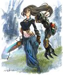  2c breasts brown_hair collar denim gloves goggles green_eyes jeans long_hair medium_breasts navel original pants sword weapon 