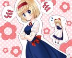  1girl :t a_(aaaaaaaaaaw) alice_margatroid blue_dress blush bow capelet cosplay costume_switch crossed_arms dress hair_bow hair_ribbon long_hair mary_janes pout ribbon shanghai_doll shoes short_hair solo touhou 