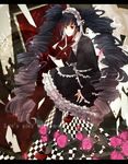  black_hair card celestia_ludenberck checkered checkered_floor danganronpa danganronpa_1 dress drill_hair flower gothic_lolita hairband letterboxed lolita_fashion lolita_hairband long_hair pantyhose playing_card red_eyes rose solo twin_drills twintails very_long_hair zabebe 