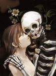  bone brown_hair closed_eyes flower komota original short_hair skeleton skull 