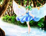  barefoot blush bow daiyousei dress fairy_wings forest green_hair hair_bow looking_at_viewer nature satoji_(ochanomkmskry) short_hair short_sleeves side_ponytail sidelocks skirt_hold smile solo sparkle stream tiptoes touhou walking walking_on_liquid wings yellow_eyes 