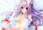  animal_ears bed blush breasts bunny_ears collarbone long_hair looking_at_viewer lying medium_breasts navel necktie nipples open_clothes open_mouth open_shirt pleated_skirt purple_hair red_eyes reisen_udongein_inaba sakurako_(moutan) shirt skirt solo touhou 