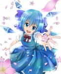  blue_eyes blue_hair bow cherry_blossoms cirno dress hair_bow highres looking_at_viewer open_hand open_mouth outstretched_arm ribbon rikkunia short_hair simple_background solo touhou white_background wings 