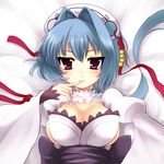  bad_id bad_pixiv_id blue_hair blush breasts chouun cleavage cleavage_cutout finger_to_mouth hair_intakes koihime_musou large_breasts long_hair looking_at_viewer ponytail puffy_sleeves red_eyes ribbon tranquil-lizer wide_sleeves 