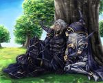  arm_hug armor black_armor boots brothers cape cecil_harvey closed_eyes dissidia_final_fantasy final_fantasy final_fantasy_iv gloves golbeza male_focus miyano_(homura-mk) multiple_boys pauldrons siblings sitting size_difference smile spikes tree white_hair 