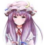  blush capelet coat crescent dress hair_ribbon hat kuroganeruto long_hair looking_at_viewer open_clothes open_coat patchouli_knowledge pink_eyes purple_dress purple_hair ribbon simple_background solo striped striped_dress touhou tress_ribbon upper_body white_background 